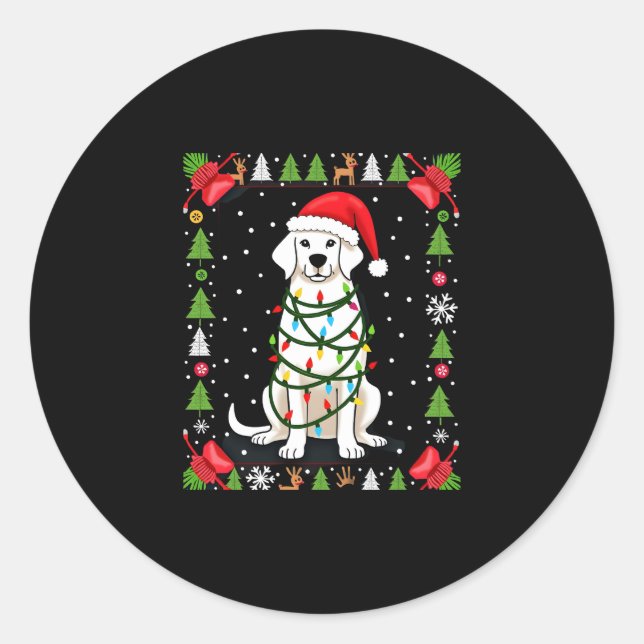 Pegatina Redonda Perro Boxer Blanco Jersey Feo De Navidad Divertido (Anverso)