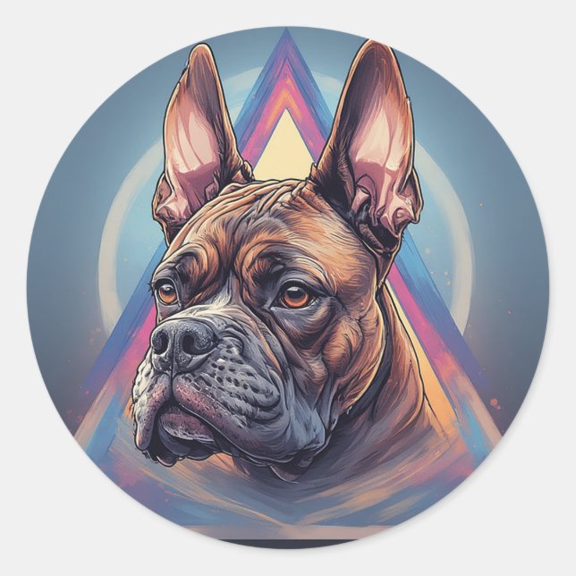 Pegatina Redonda Perro Boxer con fondo geométrico (Anverso)