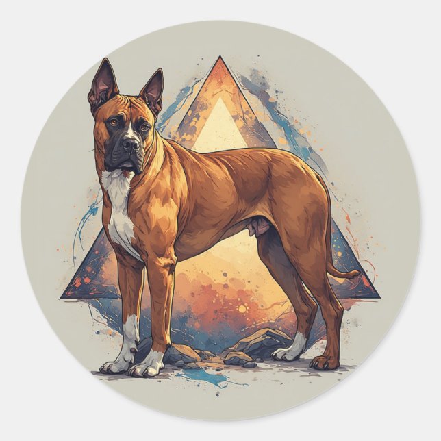 Pegatina Redonda Perro Boxer con Fondo Geométrico (Anverso)