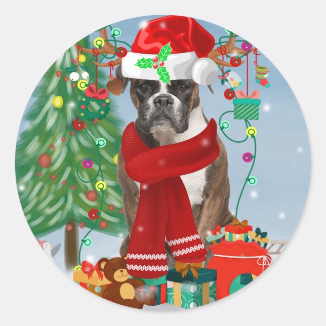 Pegatina Redonda Perro Boxer en Nieve con regalos de Navidades (Anverso)