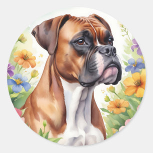 Pegatina Redonda Perro Boxer en un colorido jardín floral