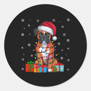 Pegatina Redonda Perro Boxer Nochebuena fea alumbrando Santa Hat Bo