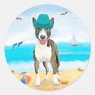 Pegatina Redonda Perro Bull Terrier en la Playa