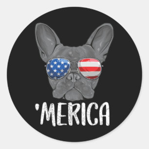 Pegatina Redonda Perro Bulldog Francés 4 De Julio Bandera Estadouni