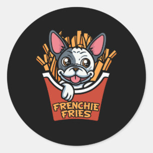 Pegatina Redonda Perro bulldog Frenchie Fries Fries Franceses Alime