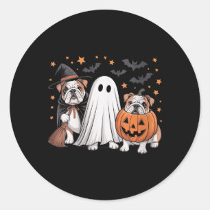 Pegatina Redonda Perro Bulldog Inglés de Bruja Fantasma de Calabaza
