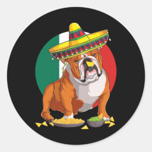 Pegatina Redonda Perro Bulldog inglés Sombrero Bandera de México Ci