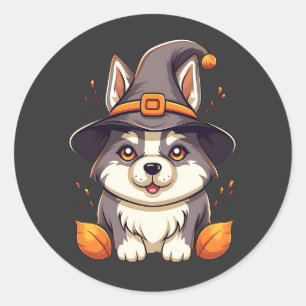 Pegatina Redonda Perro burlón en Halloween Gorra de bruja