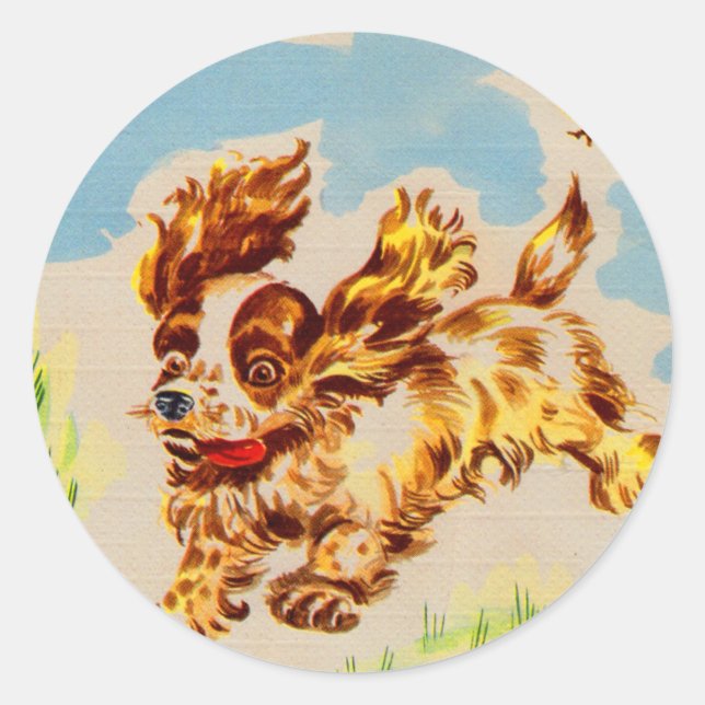 Pegatina Redonda perro cachorro coqueador spaniel en fuga (Anverso)