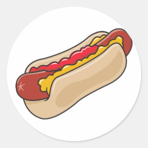 Pegatina Redonda perro caliente en pan con kétchup y mostaza gráfic