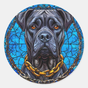 Pegatina Redonda Perro Cane Corso con cadenas en vidrio azul teñido