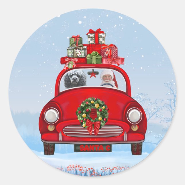 Pegatina Redonda Perro Caniche en Coche con Papá Noel   (Anverso)