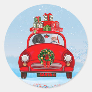 Pegatina Redonda Perro Caniche en Coche con Papá Noel 