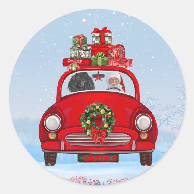 Pegatina Redonda Perro Caniche en Coche con Papá Noel  (Anverso)