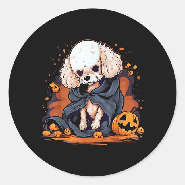 Pegatina Redonda Perro Caniche Halloween (Anverso)