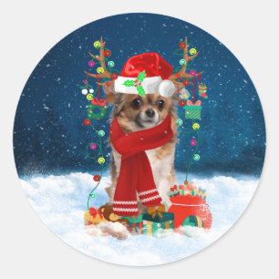 Pegatina Redonda Perro chihuahua con regalos de Navidades