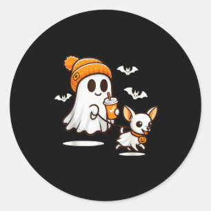 Pegatina Redonda Perro Chihuahua Divertido Fantasma Caminando Mujer