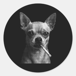 Pegatina Redonda Perro chihuahua divertido fumando cigarrillo amant