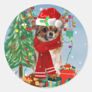 Pegatina Redonda Perro Chihuahua en nieve con regalos de Navidades