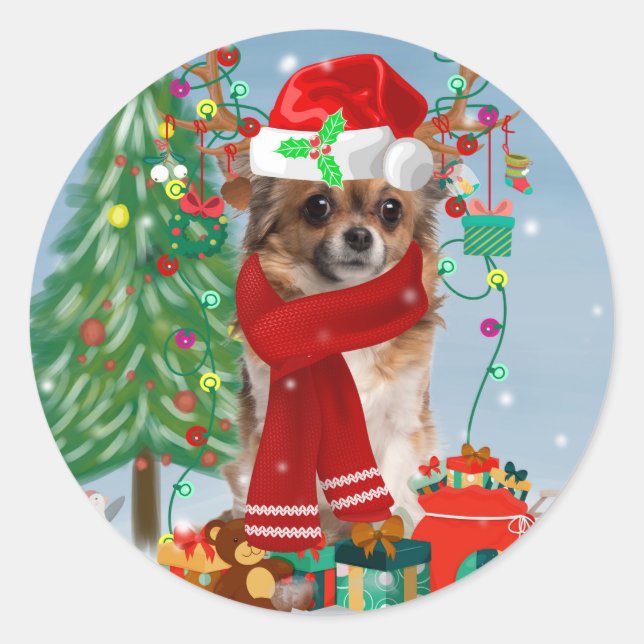 Pegatina Redonda Perro Chihuahua en nieve con regalos de Navidades (Anverso)