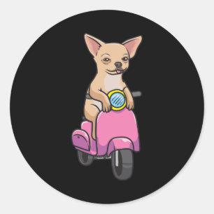 Pegatina Redonda Perro Chihuahua en una motocicleta