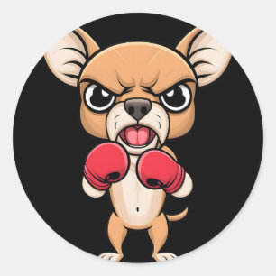 Pegatina Redonda Perro Chihuahua Enojado Con Guantes De Boxeo Masco