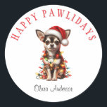 Pegatina Redonda Perro Chihuahua enredado en luces Navidades<br><div class="desc">Añade un toque de alegría navideña con nuestro perro chihuahua enmarañado en Navidades Pegatina redondo clásico. Este adorable pegatina presenta un divertido Chihuahua atrapado en coloridas luces Navidades, capturando el espíritu festivo de la temporada. Perfecto para decorar regalos, tarjetas o objetos personales, este pegatina redondo de alta calidad es una...</div>