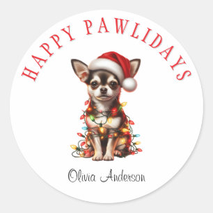 Pegatina Redonda Perro Chihuahua enredado en luces Navidades