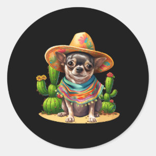 Pegatina Redonda Perro Chihuahua Gorra Sombrero Cinc Fiesta Mexican