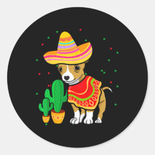 Pegatina Redonda Perro Chihuahua Mexicano Sombrero Cinco De Mayo Fi