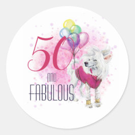 Pegatina Redonda Perro cincuenta y fabuloso con globos en rosa