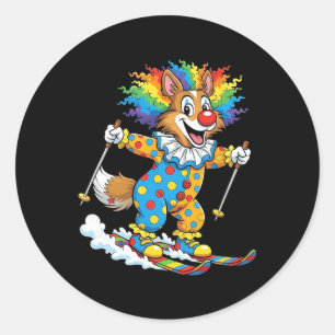 Pegatina Redonda Perro Clown Arcoiris Esquí Cachorro Carnaval Inver