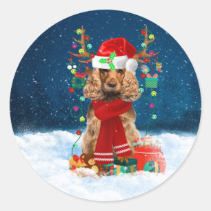 Pegatina Redonda Perro Cocker Spaniel con regalos de Navidades