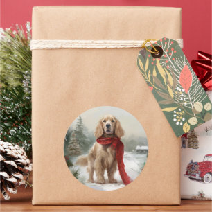 Pegatina Redonda Perro Cocker Spaniel en Navidades de Nieve