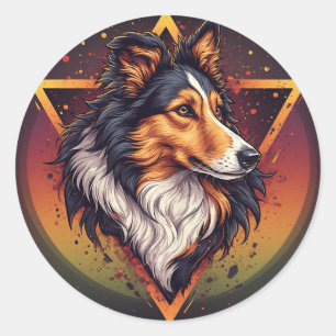 Pegatina Redonda Perro Collie con fondo geométrico vibrante