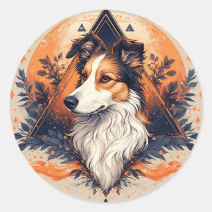 Pegatina Redonda Perro Collie con fondo geométrico vibrante