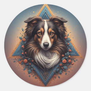 Pegatina Redonda Perro Collie con fondo geométrico vibrante