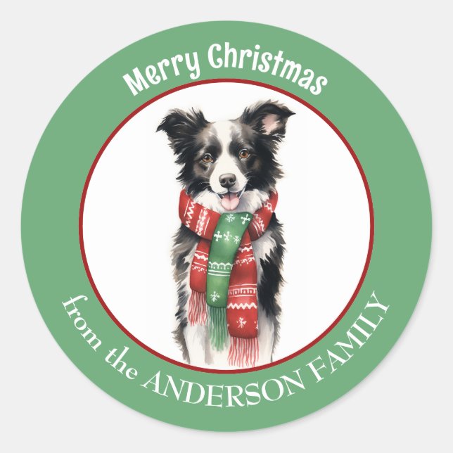 Pegatina Redonda Perro collie en la frontera con bufanda de Navidad (Anverso)