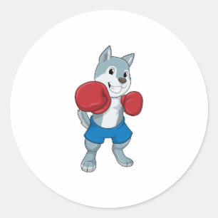 Pegatina Redonda Perro como boxeador con guantes de boxeo