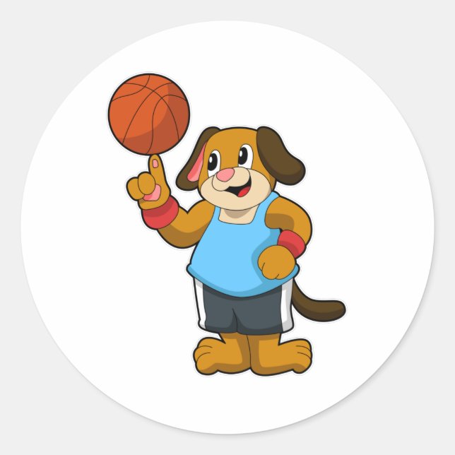 Pegatina Redonda Perro como jugador de baloncesto con baloncesto (Anverso)