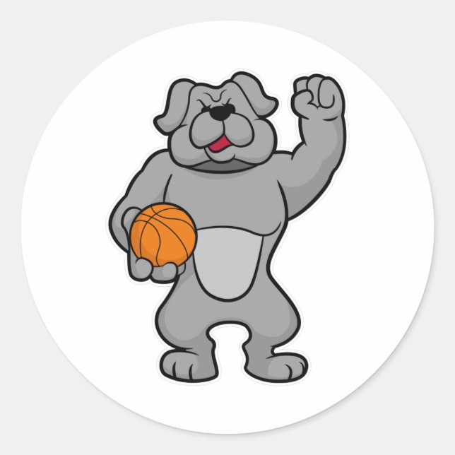 Pegatina Redonda Perro como jugador de baloncesto con baloncesto (Anverso)