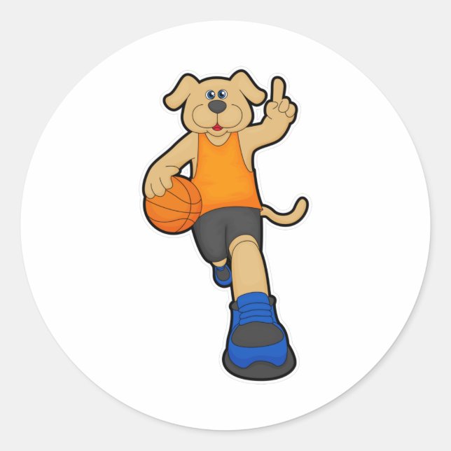 Pegatina Redonda Perro como jugador de baloncesto con baloncesto (Anverso)