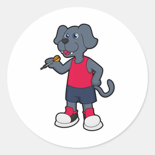 Pegatina Redonda Perro como jugador de Dart con dardos (Anverso)