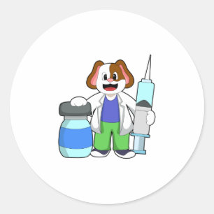 Pegatina Redonda Perro como Médica con jeringas