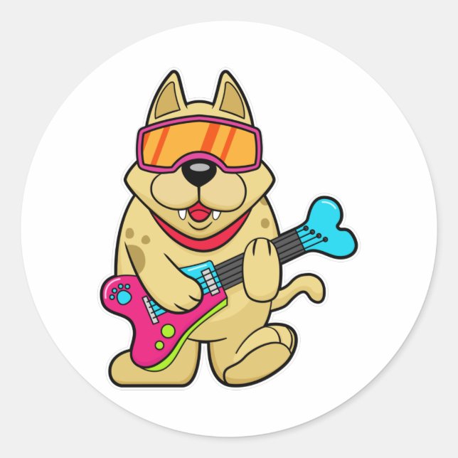 Pegatina Redonda Perro como musiano con guitarra (Anverso)