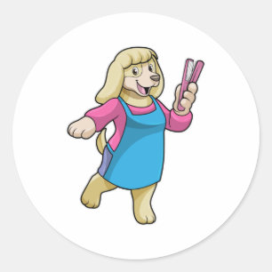 Pegatina Redonda Perro como peluquero con comb