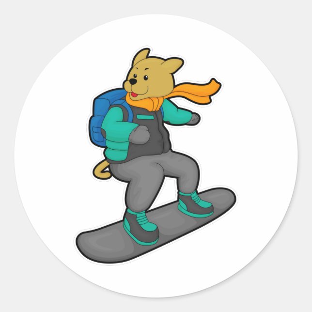 Pegatina Redonda Perro como snowboard con Snowboard y mochila (Anverso)