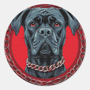 Pegatina Redonda Perro con collar de cadena y fondo atrevido
