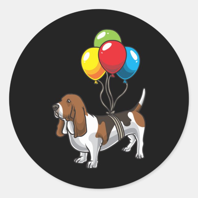 Pegatina Redonda Perro con hongo basset con balón (Anverso)
