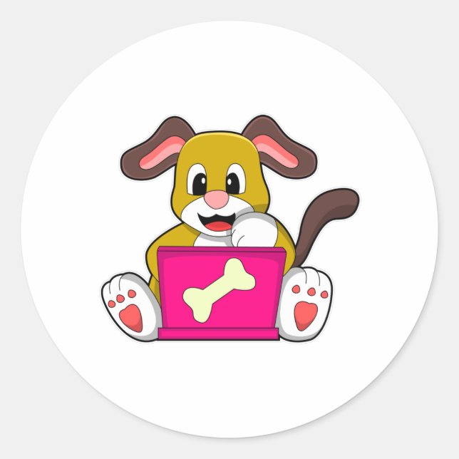 Pegatina Redonda Perro con portátil (Anverso)